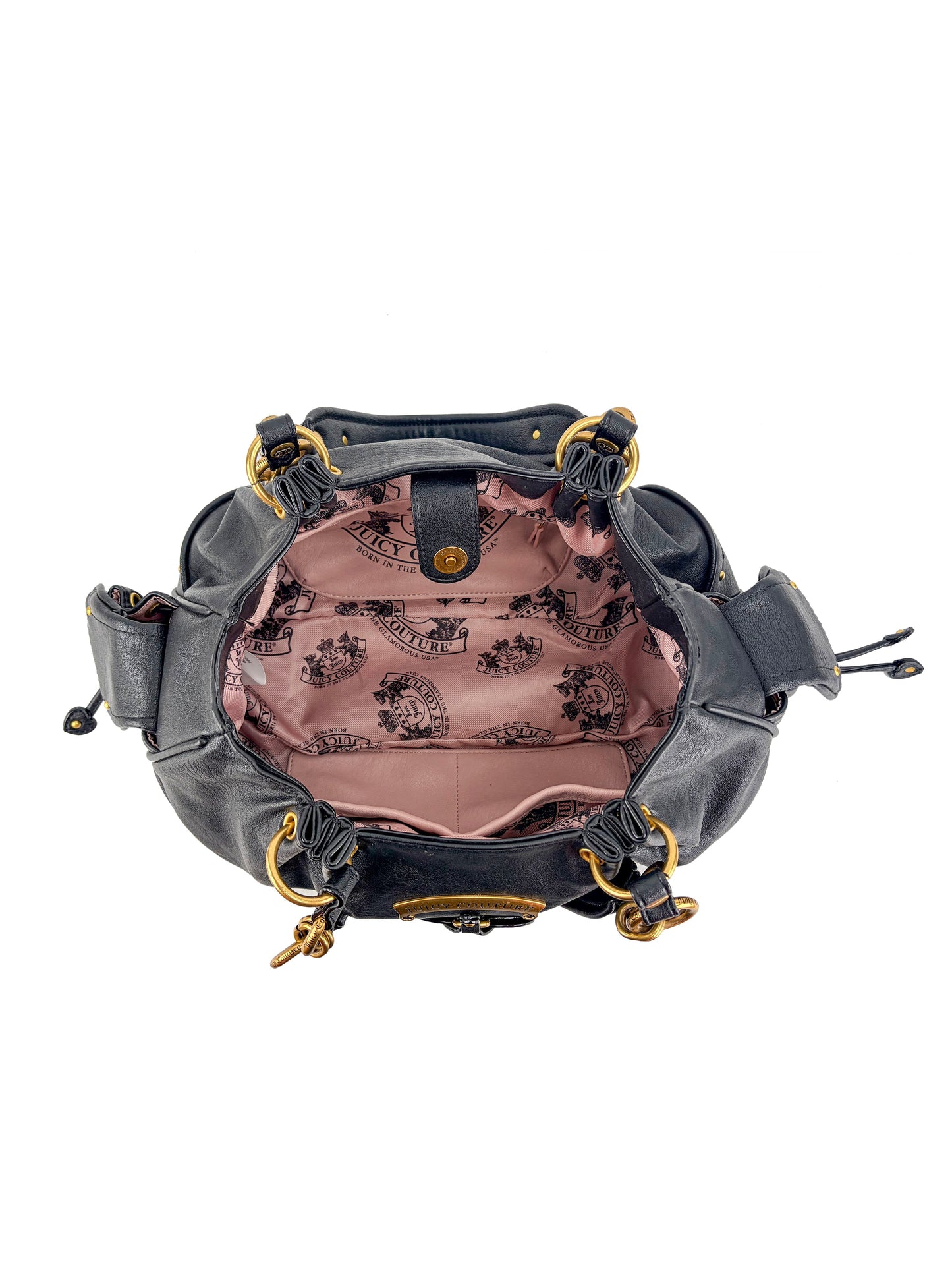 The black leather Vintage Vibes Satchel Bag features gold hardware, a Juicy pink logo-print interior, and multiple side pockets and compartments for added retro glamour.