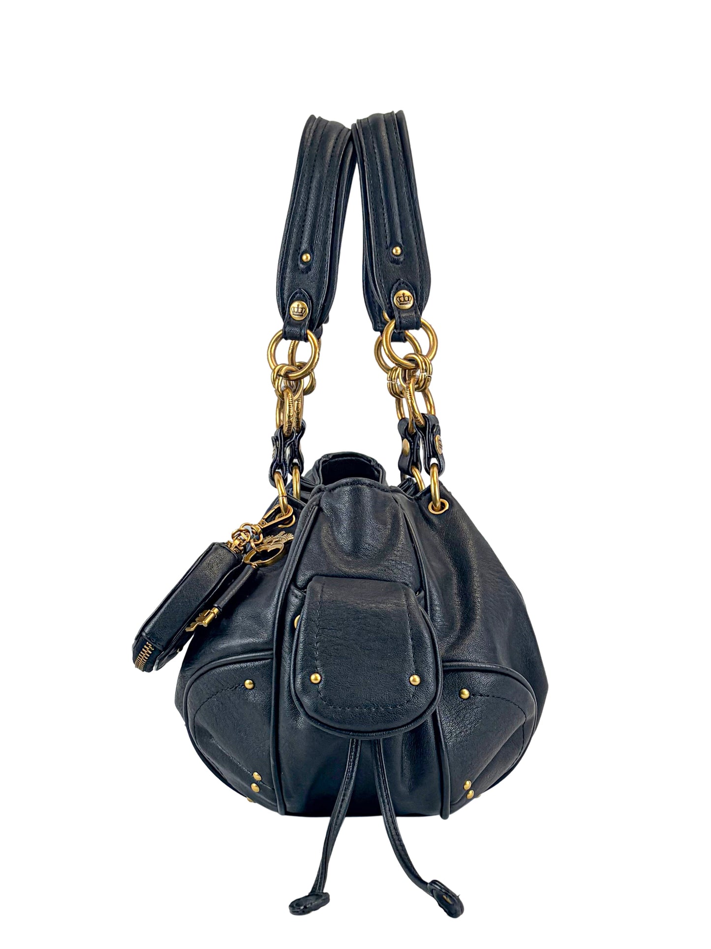 The Vintage Vibes Satchel Bag in black leather features gold hardware, double handles, a front flap pocket, and key pouch, exuding retro glamour in a stunning photo set against a white background.