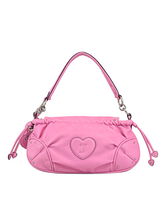 The Vintage Vibes Hobo Bag is a small, bright pink handbag with a curved handle, drawstring sides, silver hardware, and a heart-shaped stitched J on the front—a perfect stylish addition to your collection.