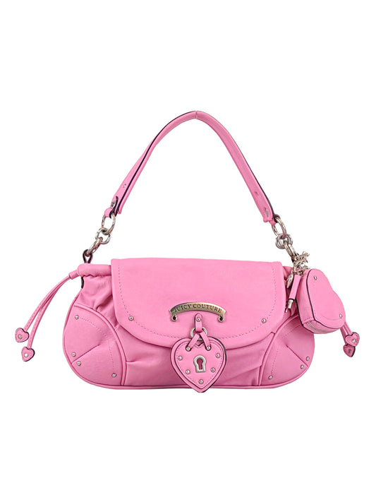 The Vintage Vibes Hobo Bag by Juicy Couture is a pink handbag with heart-shaped lock charm, top handle, decorative stitching, metallic logo plate on the flap, and a matching pouch for added vintage style.