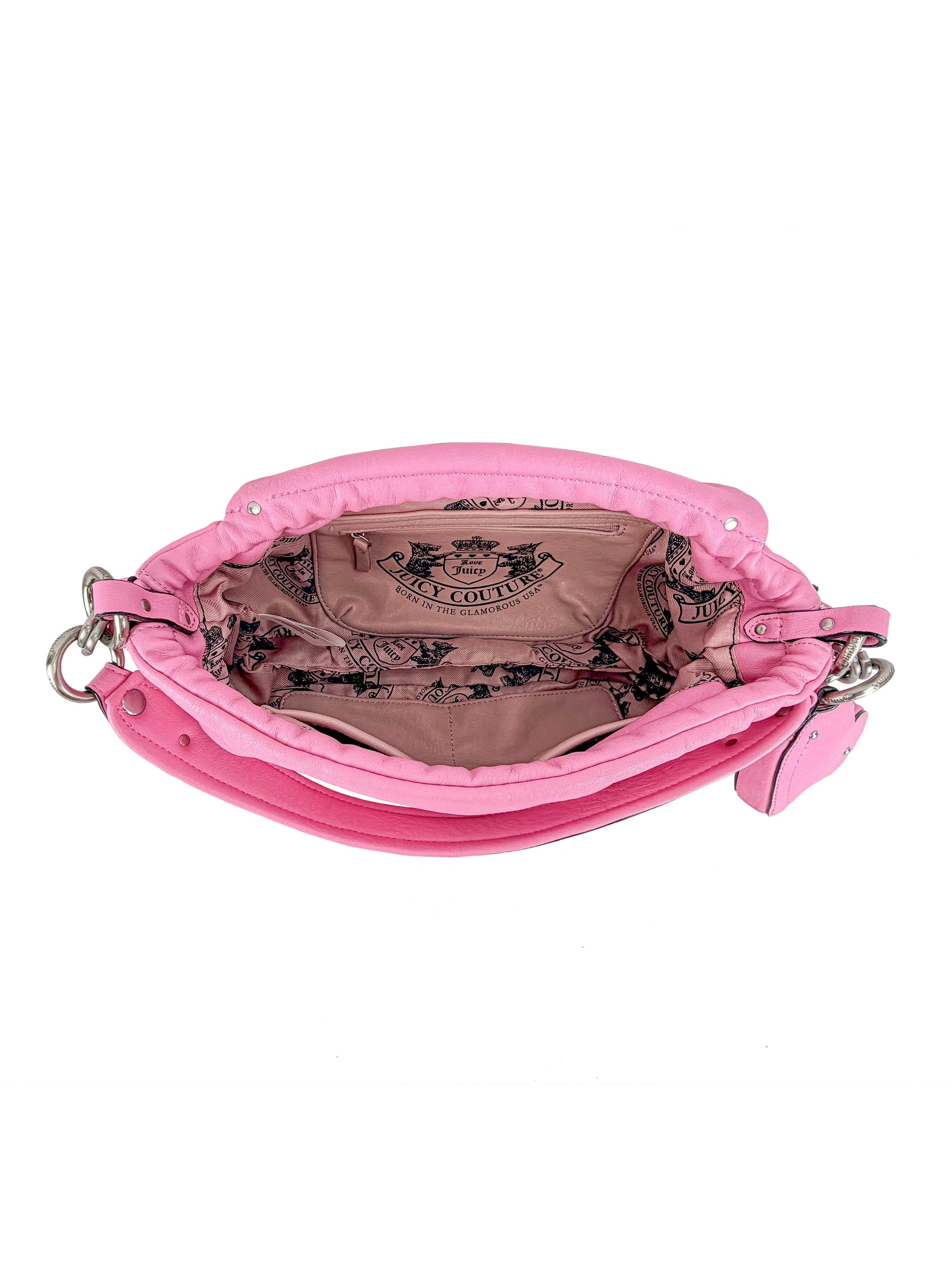 The Vintage Vibes Hobo Bag is a stylish pink handbag featuring an open top, a spacious light pink interior with a decorative printed logo, and multiple inner pockets—ideal for achieving chic vintage-inspired looks.