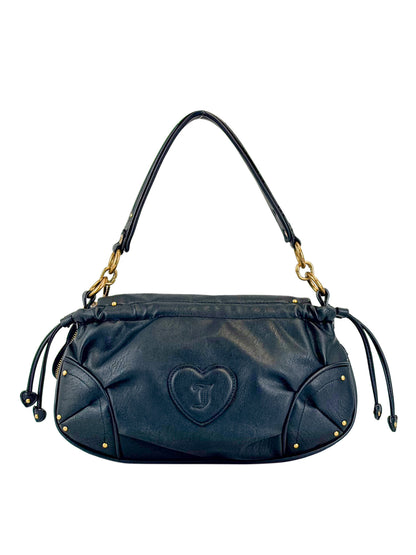 The Vintage Vibes Hobo Bag is a stylish black leather handbag featuring gold hardware, a central heart-shaped stitched detail, side drawstrings, and a single handle for a chic vintage look.