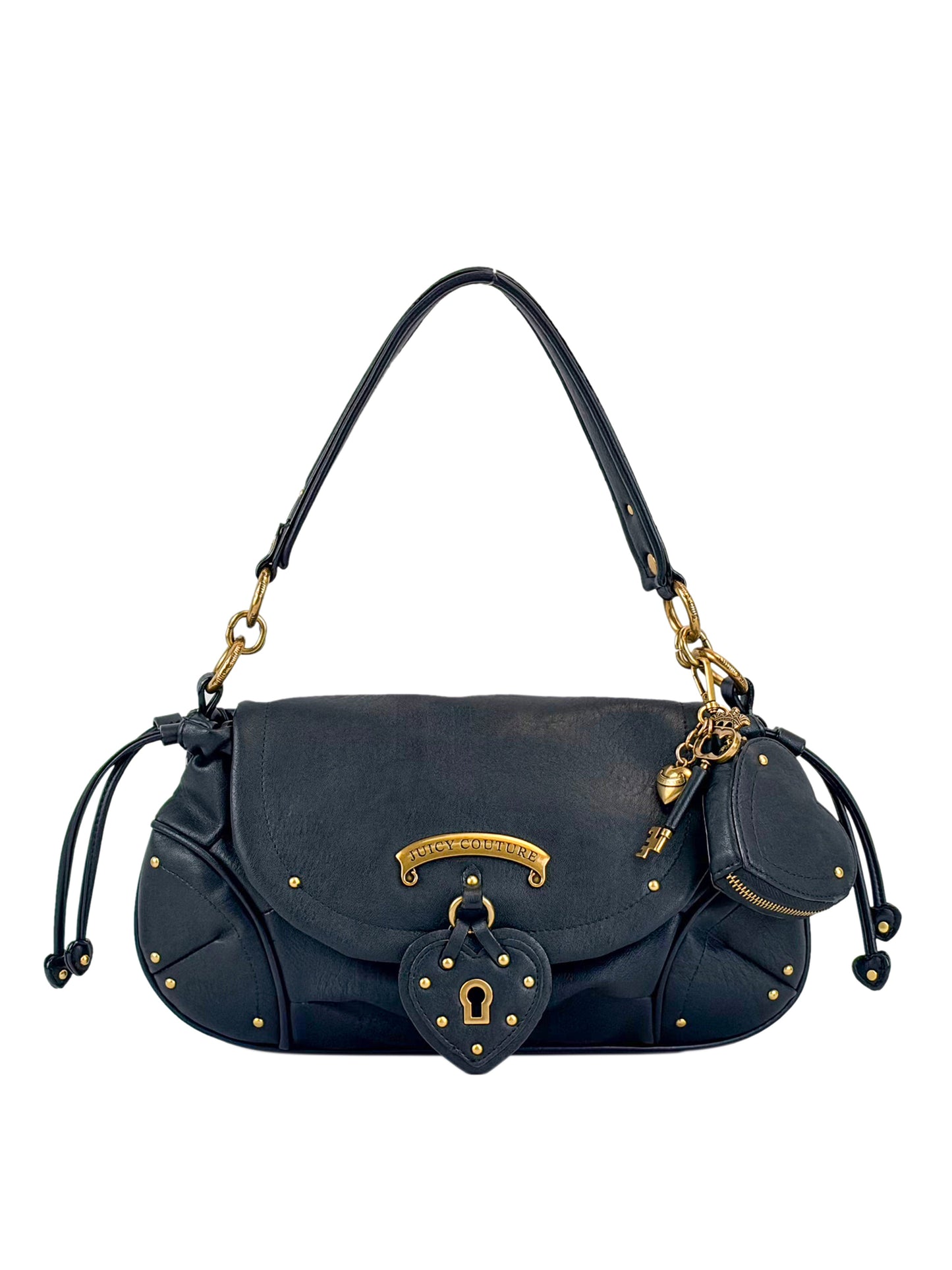 The Vintage Vibes Hobo Bag features black leather, gold hardware, studs, a heart-shaped lock with key charm, a single handle, and a matching coin purse—delivering standout vintage style.