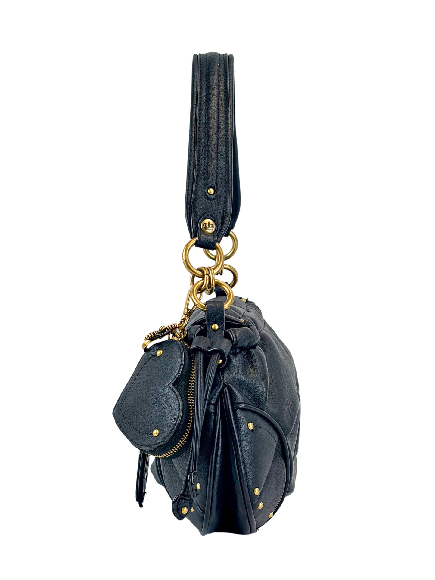 The Vintage Vibes Hobo Bag is a black leather handbag with gold studs, hardware, a thick handle, and a heart-shaped leather charm on a keyring, shown from the side against a white background.