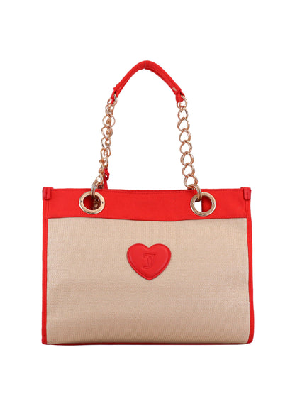 The Cherry Pop Item Tote Bag features a beige textured fabric body, bright red trim, gold chain handles, a red heart emblem in the center, and metal rings—perfect for everyday use.