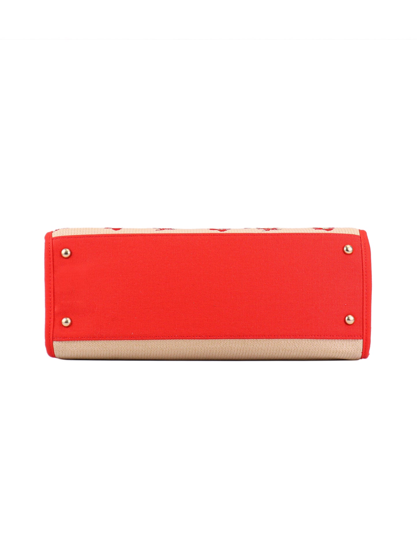 The Cherry Pop Item Tote Bag features a bright red rectangular base, tan edges, and gold-tone metal studs at each corner—perfect for your everyday essentials—displayed from the bottom view.