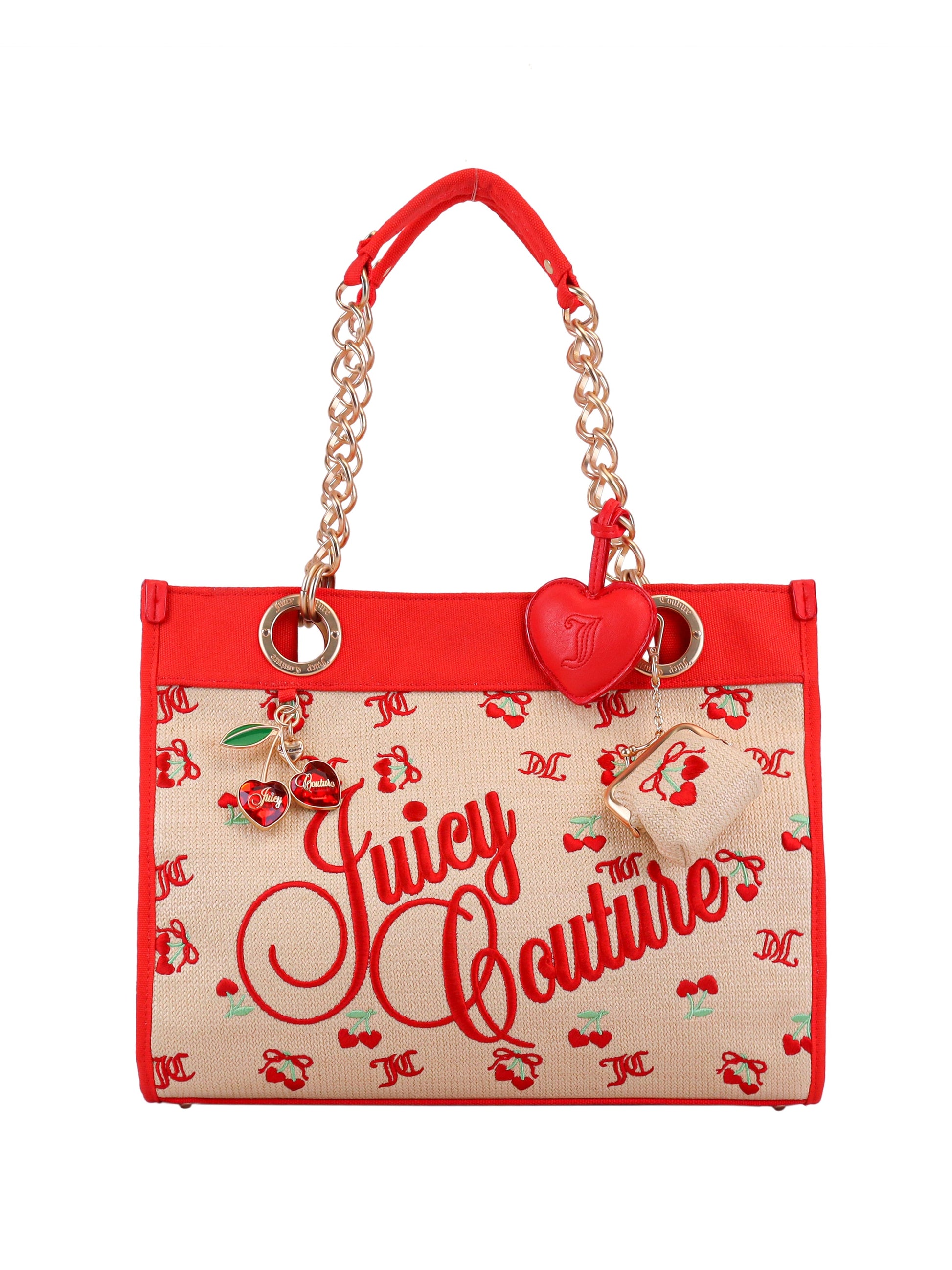The Cherry Pop Item Tote Bag by Juicy Couture features beige material, red trim, gold chain handles, red Juicy lettering, playful cherry prints, and heart and cherry charms—an ideal choice for daily use.