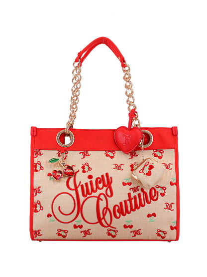 The Cherry Pop Item Tote Bag by Juicy Couture features beige material, red trim, gold chain handles, red Juicy lettering, playful cherry prints, and heart and cherry charms—an ideal choice for daily use.