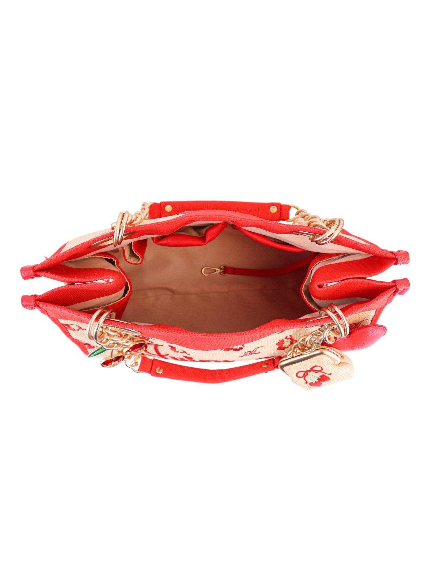 Top view of the Cherry Pop Item Tote Bag—a red handbag with beige and floral exterior, gold chain handles, and a roomy beige interior featuring compartments and a key holder—ideal for carrying your everyday essentials.