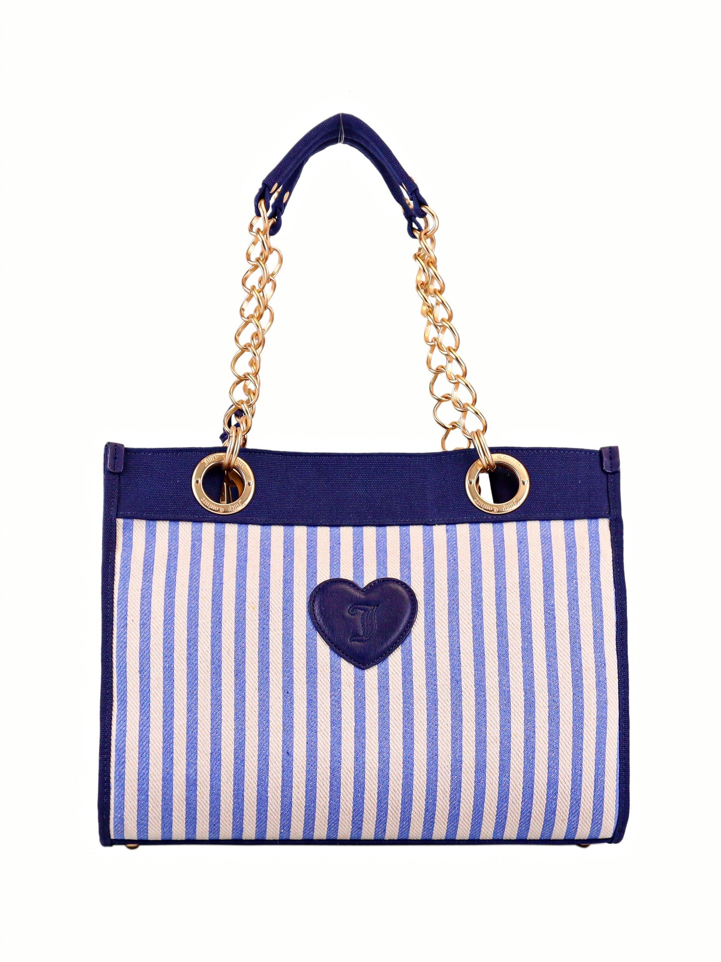 The Scottie Dog Item Tote Bag features blue and white vertical stripes, gold chain handles, and a blue heart-shaped patch with the Juicy Couture symbol on the front.