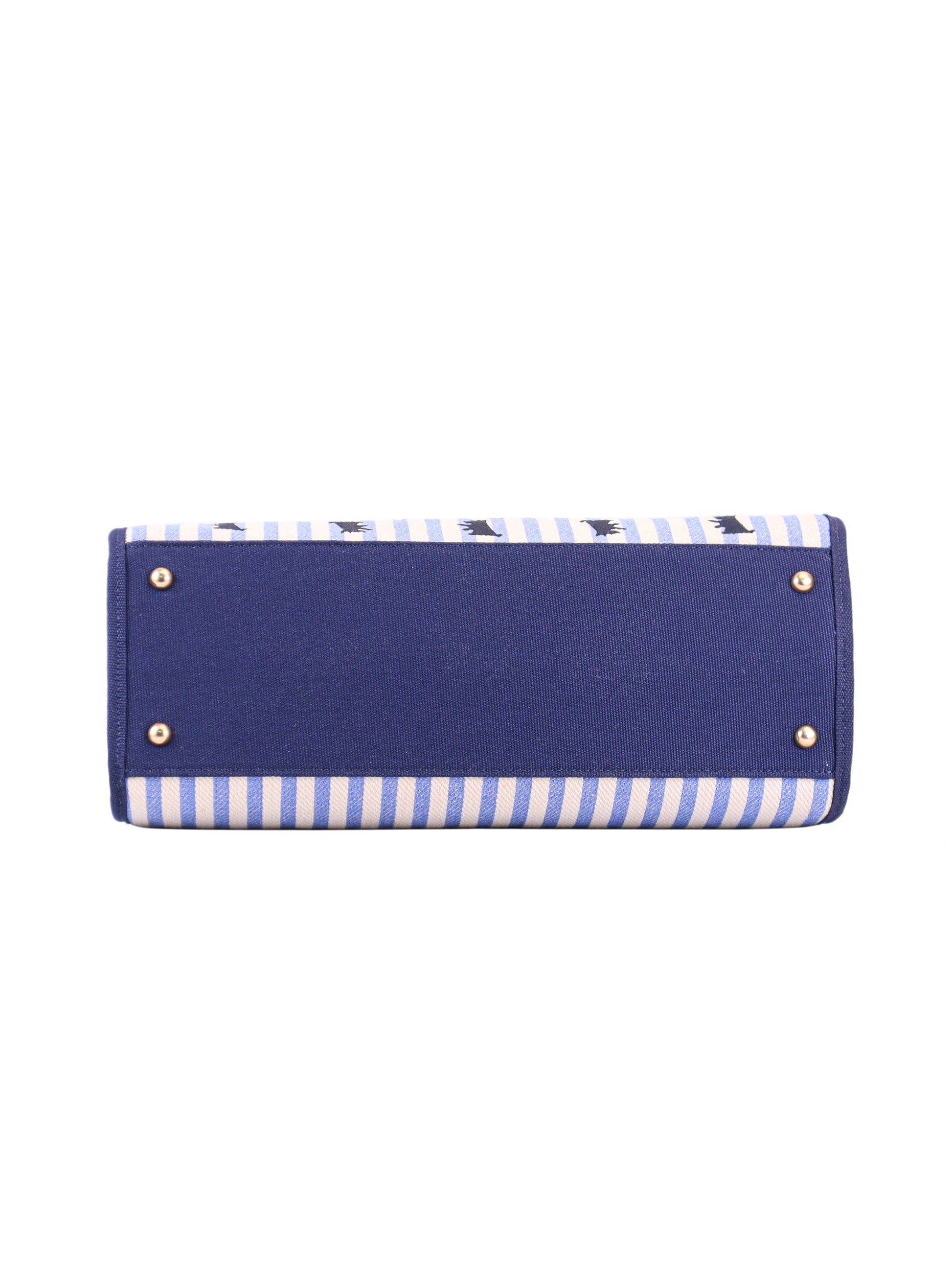 A blue rectangular Scottie Dog Item Tote Bag with a solid blue base, gold-tone studs on each corner, and blue-and-white vertical stripes on the sides. The image displays the bottom of the bag.