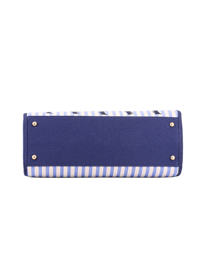 A blue rectangular Scottie Dog Item Tote Bag with a solid blue base, gold-tone studs on each corner, and blue-and-white vertical stripes on the sides. The image displays the bottom of the bag.