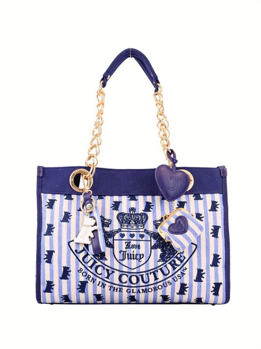 A blue and white striped Scottie Dog Item Tote Bag with gold chain handles, heart and key charms, the signature symbol crest logo, and "Born in the Glamorous USA" text.