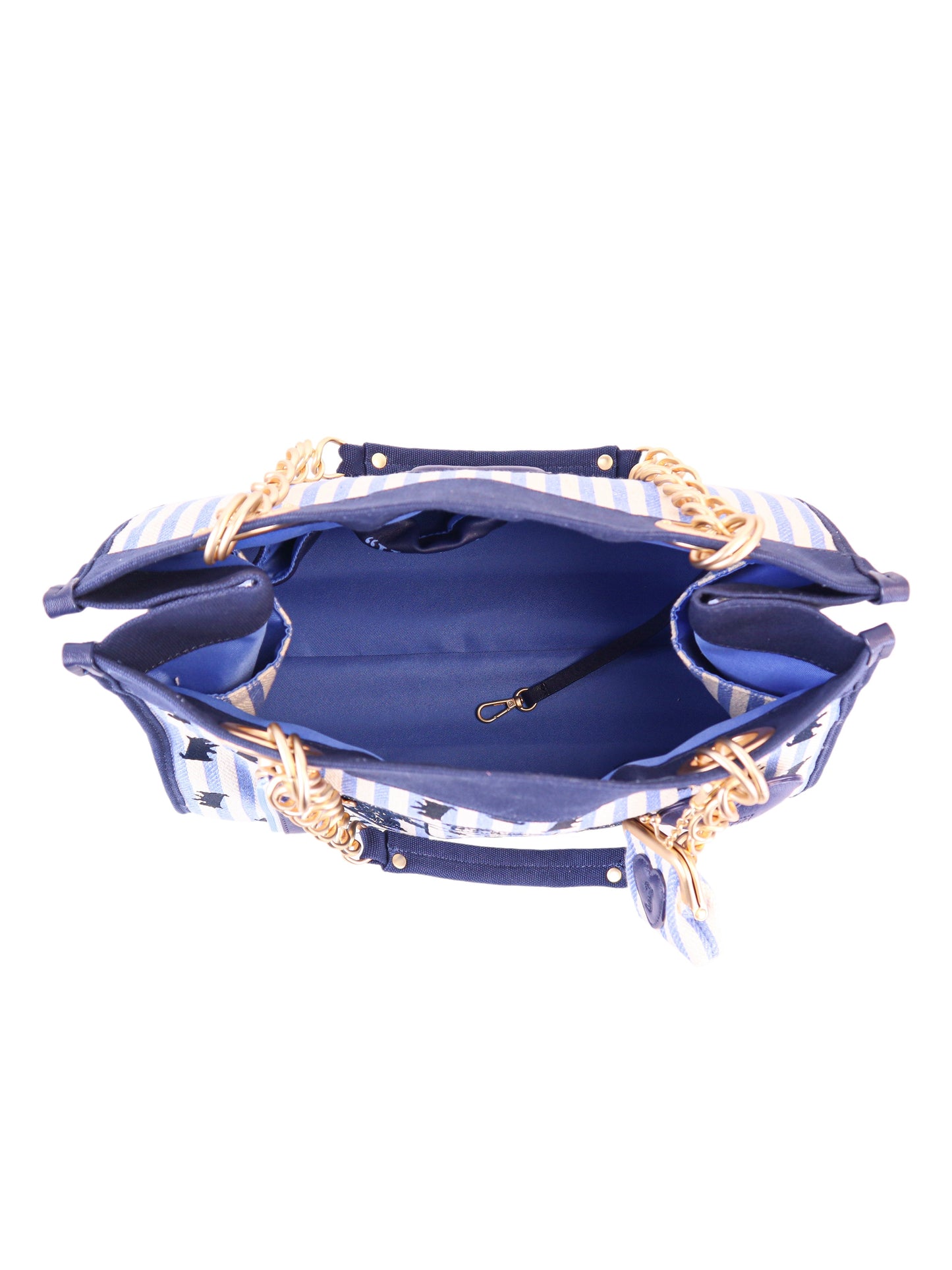 Top view of an open Scottie Dog Item Tote Bag with blue and white stripes, gold chain handles, spacious blue interior, a black leash clip inside, and the signature symbol for added style.