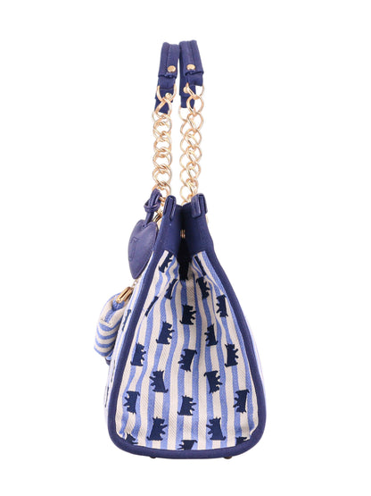 Side view of the Scottie Dog Item Tote Bag with blue and white stripes, gold chain, blue leather handles, black bear silhouettes, and a small attached pouch.