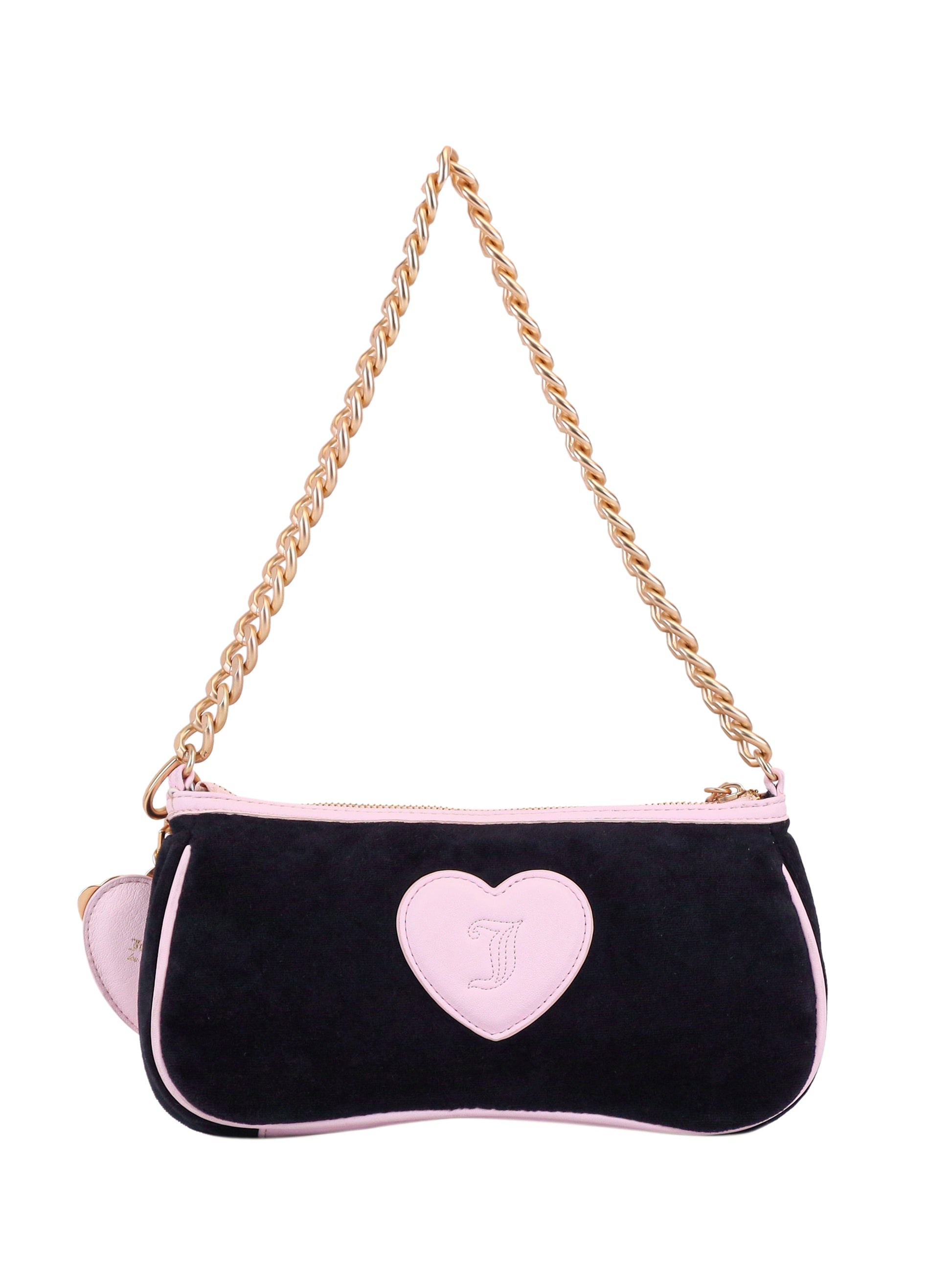 The Royal Bloom Shoulder Bag is a small black shoulder bag with light pink trim, a pink heart patch at the center, and a gold chain strap. It features a zipper closure and playful, feminine design for timeless glamour.