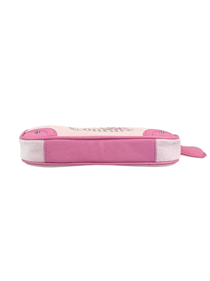 A rectangular pink and white zippered pouch with rounded edges, shown from the side, displays the bottom and a zipper pull on the right. Its sleek silhouette evokes the classic style of the Royal Bloom Shoulder Bag.