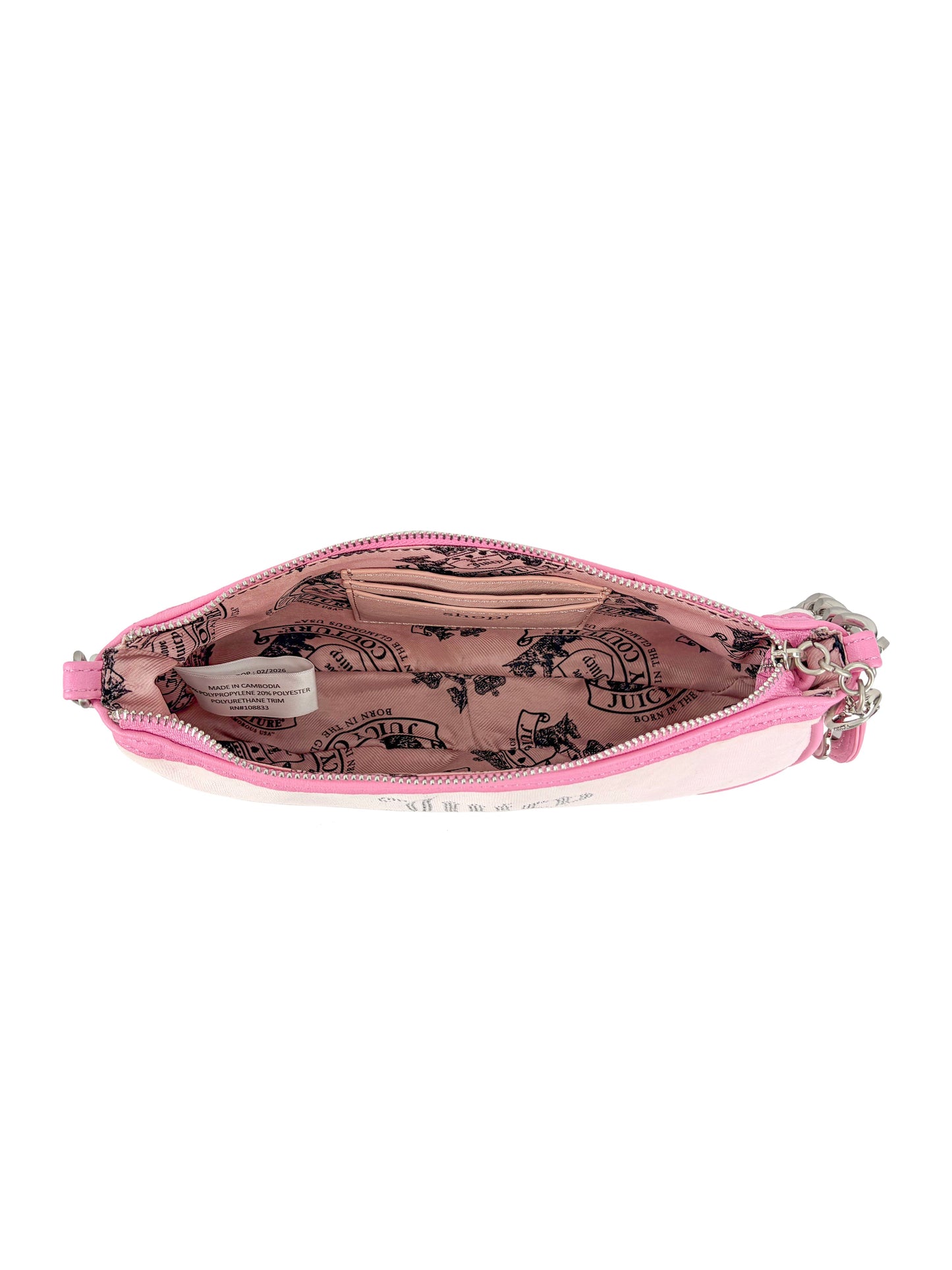 A small pink zippered purse with an open top reveals a light pink interior lined with black Juicy Couture logos and crowns, reflecting the timeless glamour of the Royal Bloom Shoulder Bag.