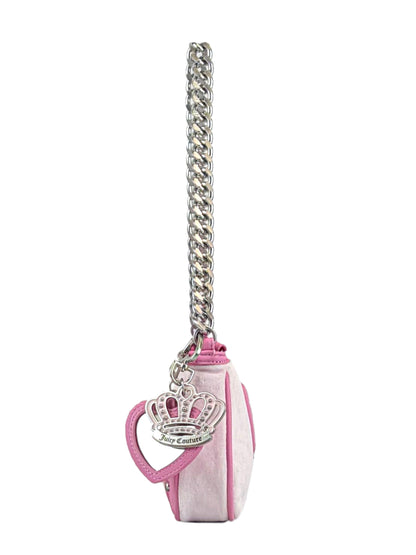 Side view of the Royal Bloom Shoulder Bag—a small pink Juicy Couture purse with a sleek shape, chunky silver chain strap, and a heart keychain featuring a crown and Juicy Couture logo for added glamour.