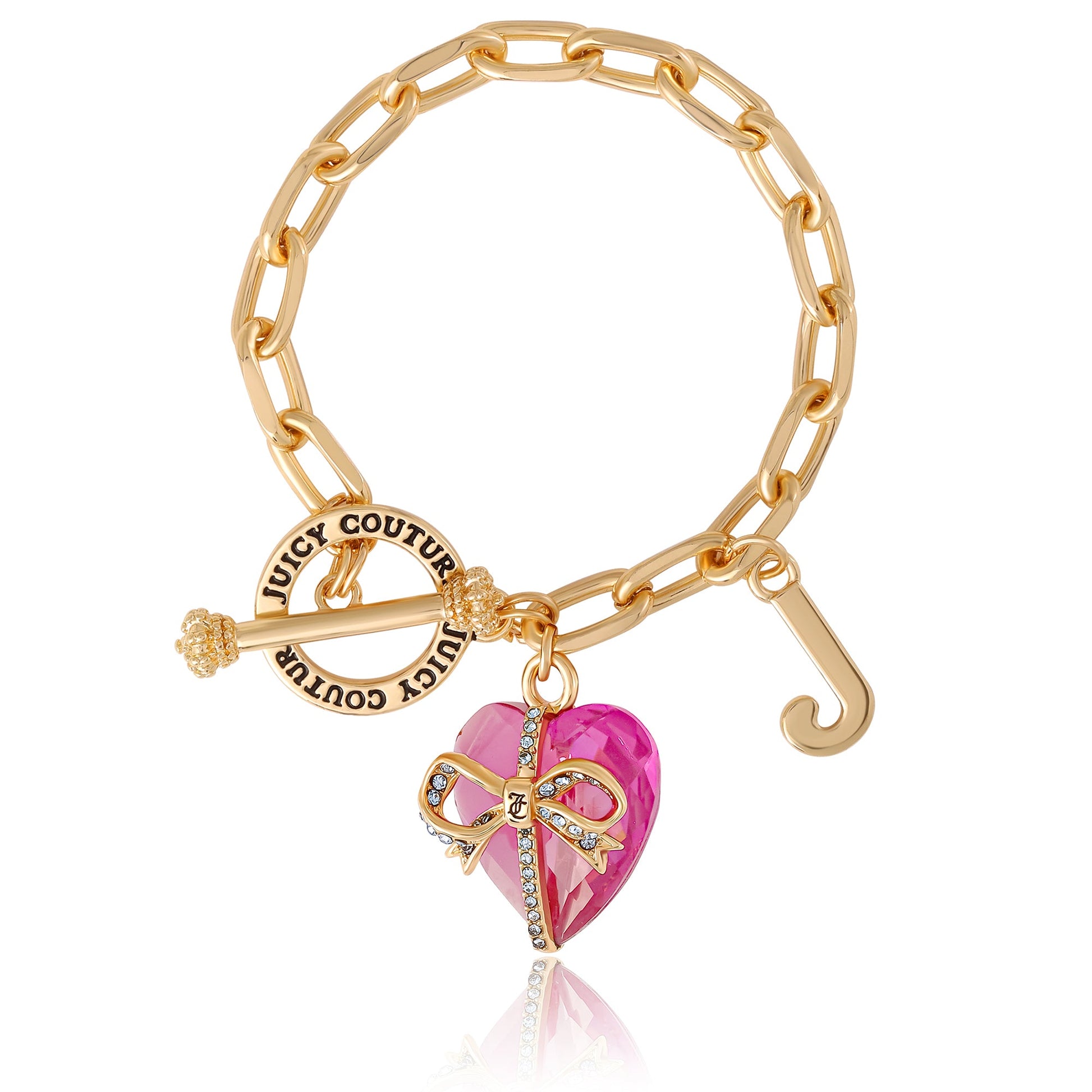 Heart Stone & J Charm Bracelet - Goldtone Hot Pink Pendant - Juicy Couture