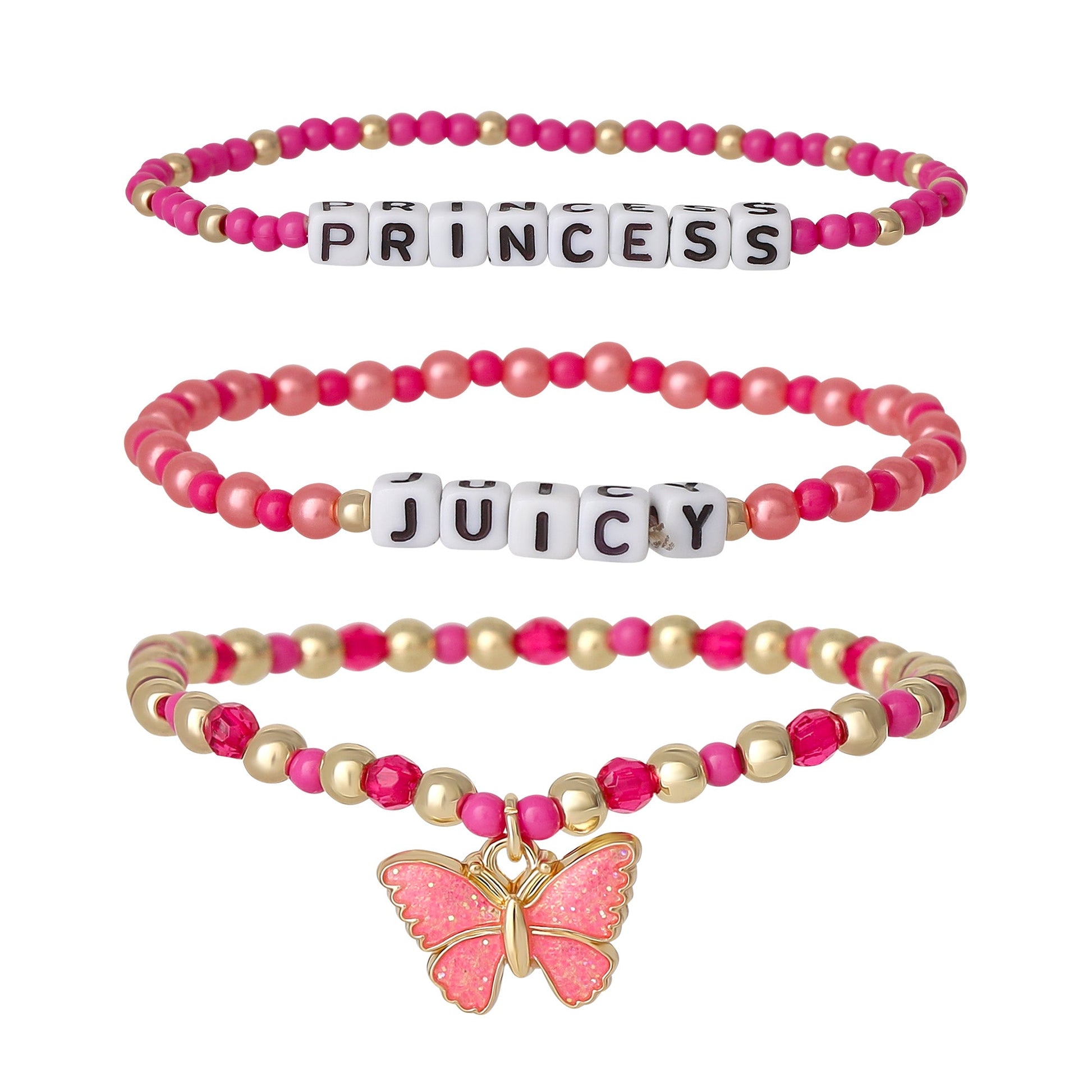 Kids Juicy Pink Butterfly Beaded Bracelet Set - Goldtone - Juicy Couture