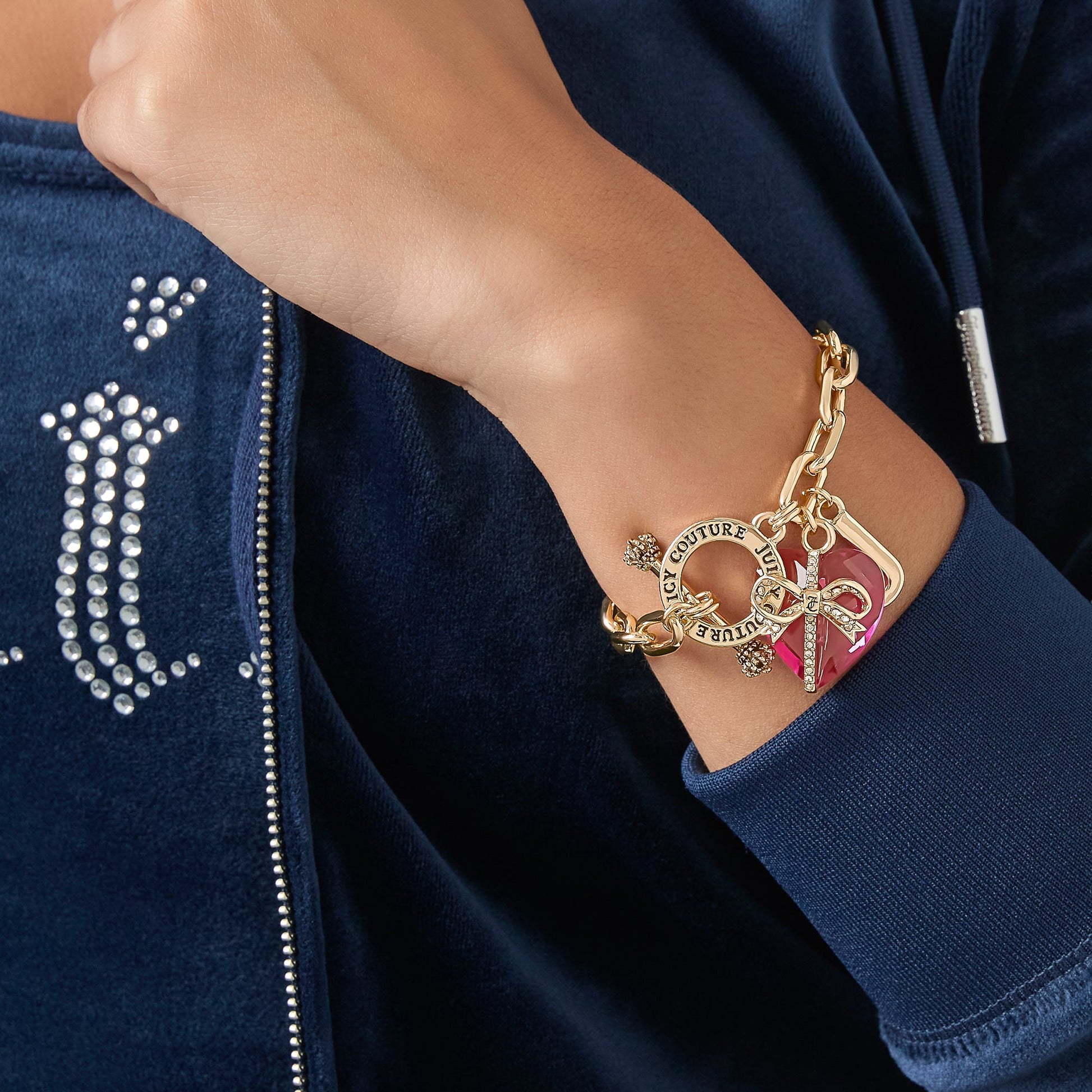 Heart Stone & J Charm Bracelet - Goldtone Hot Pink Pendant - Juicy Couture