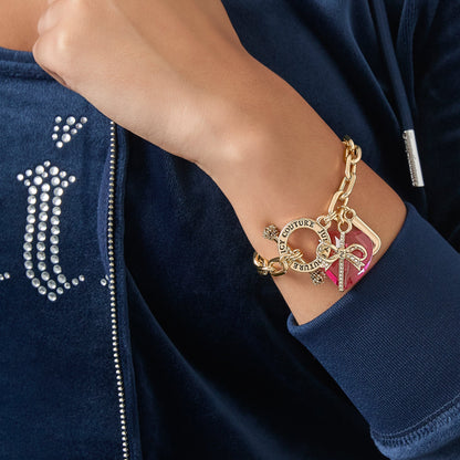 Heart Stone & J Charm Bracelet - Goldtone Hot Pink Pendant - Juicy Couture