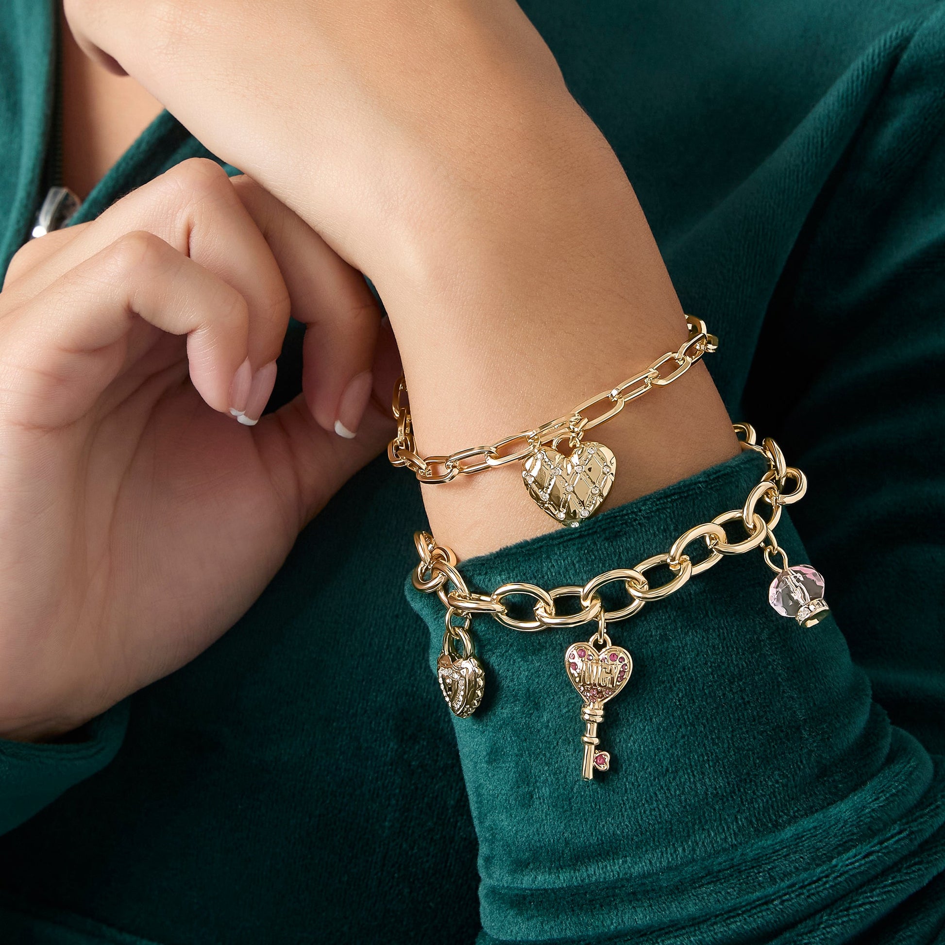Charm Bracelet Set with Heart and Key Charms - Goldtone - Juicy Couture