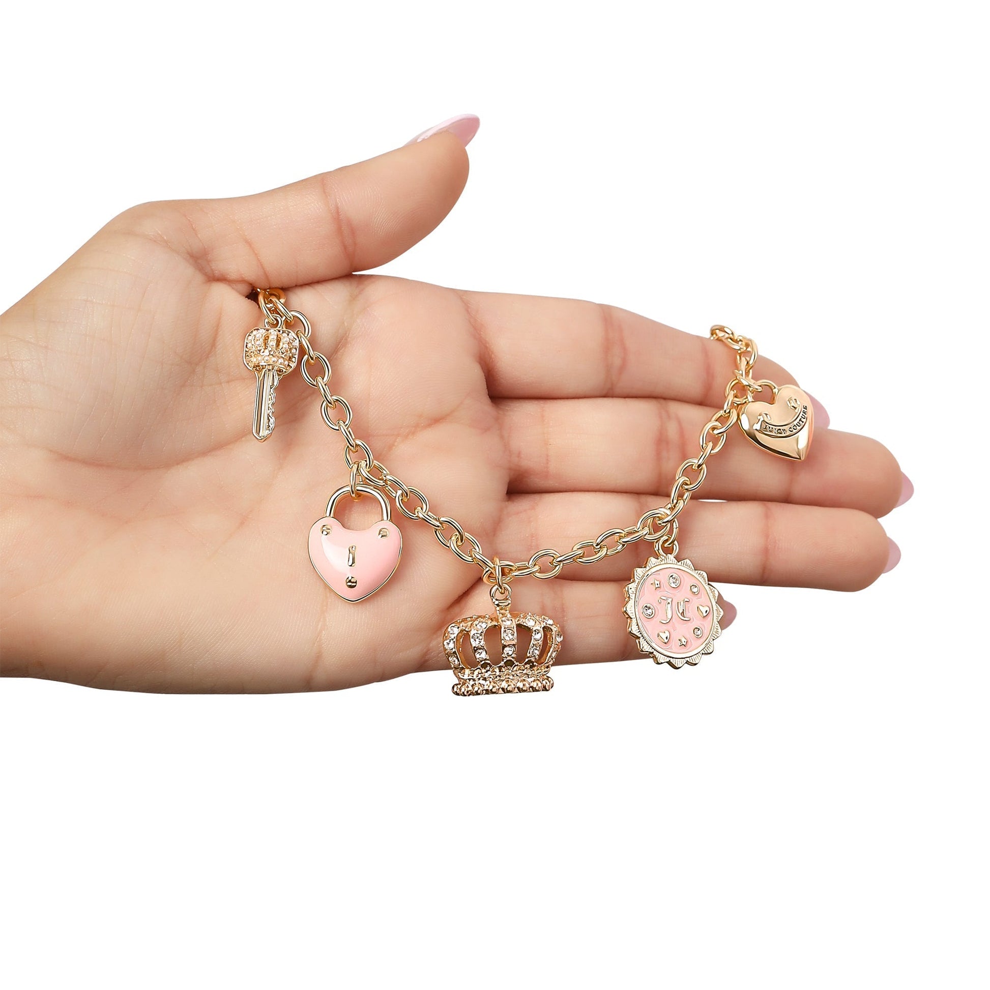 Charm Necklace with Pink Enamel Accents and Crystal Details - Goldtone - Juicy Couture
