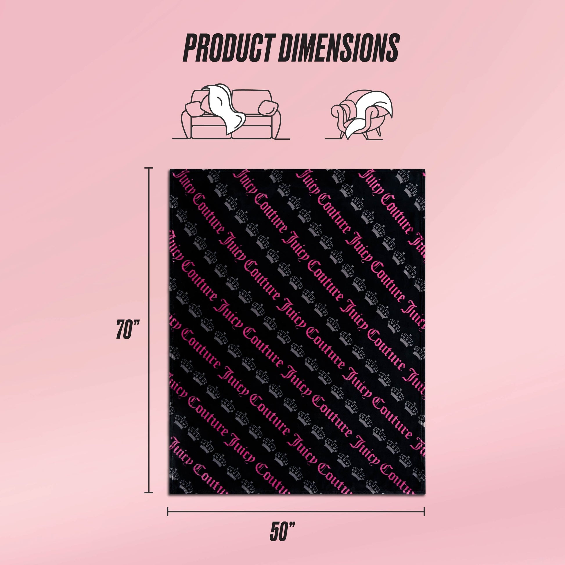 A black and pink Plush Throw Blanket by Juicy Couture, measuring 70"x50", is shown with icons illustrating coverage on a couch or chair. "Product Dimensions" appears at the top over a pink gradient background.