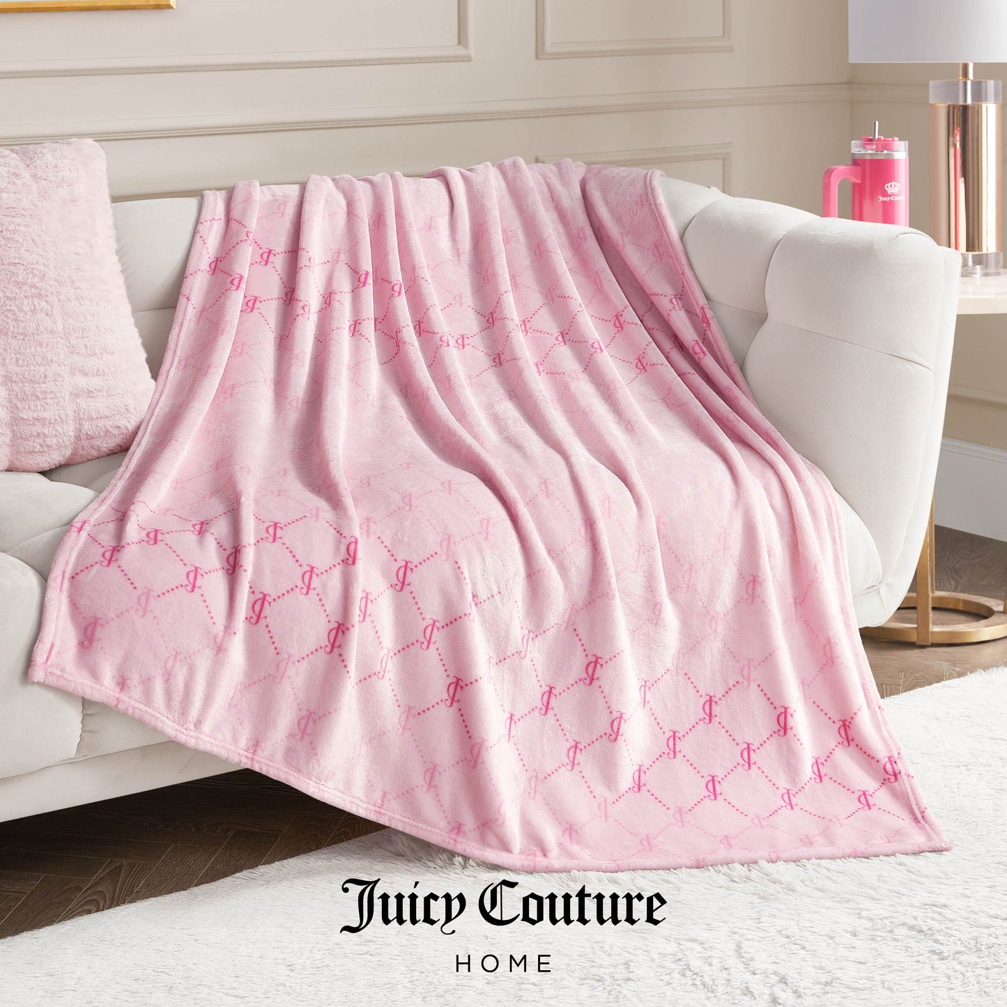 Plush Throw Blanket - Logo Diamonds Pink - Juicy Couture