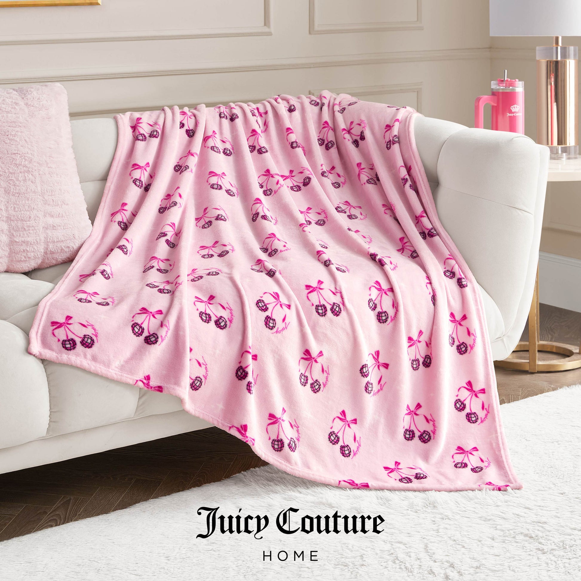 Plush Throw Blanket - Disco Cherry Bows Pink - Juicy Couture