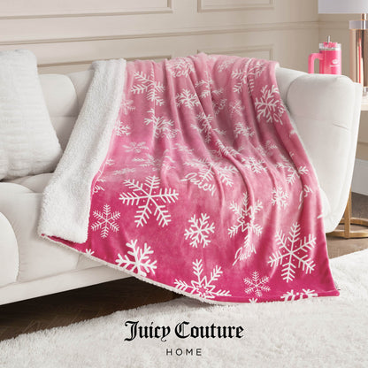 Plush Reversible Sherpa Throw Blanket - Pink Ombre Snowflake - Juicy Couture