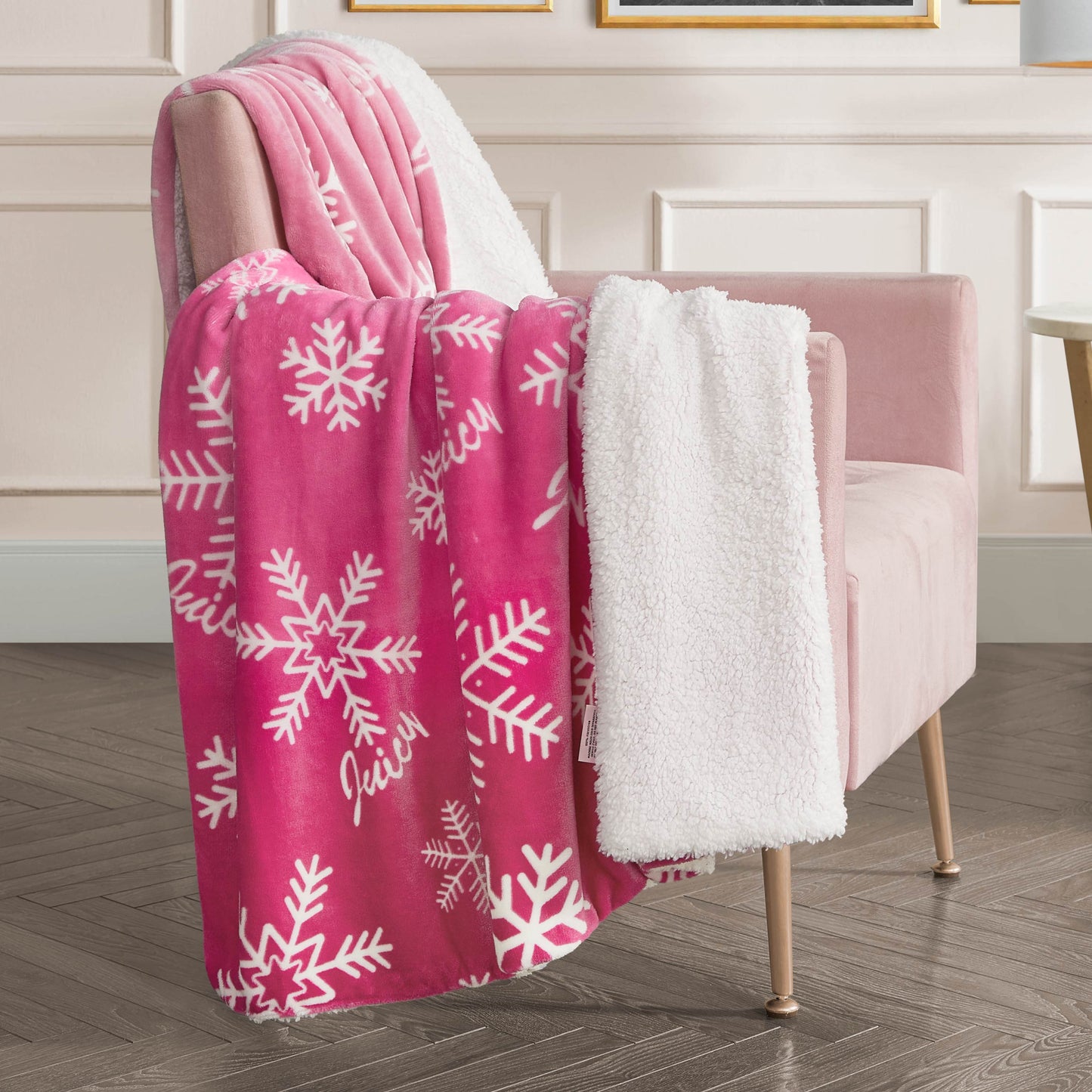 Plush Reversible Sherpa Throw Blanket - Pink Ombre Snowflake - Juicy Couture