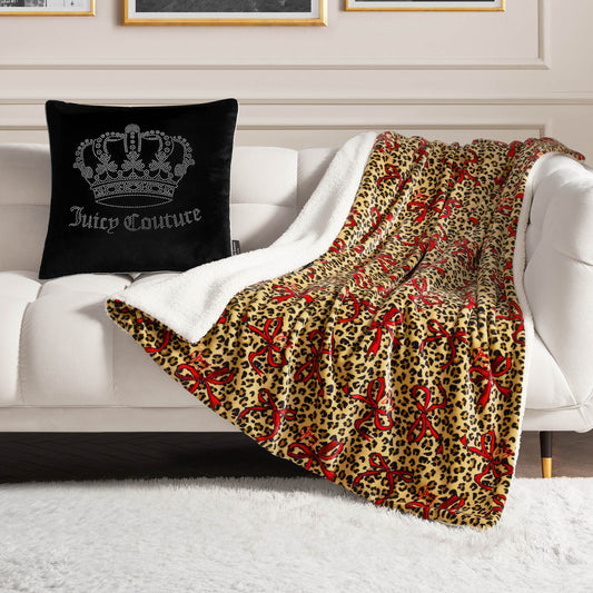 Plush Reversible Sherpa Throw Blanket - Red Bows On Cheetah - Juicy Couture