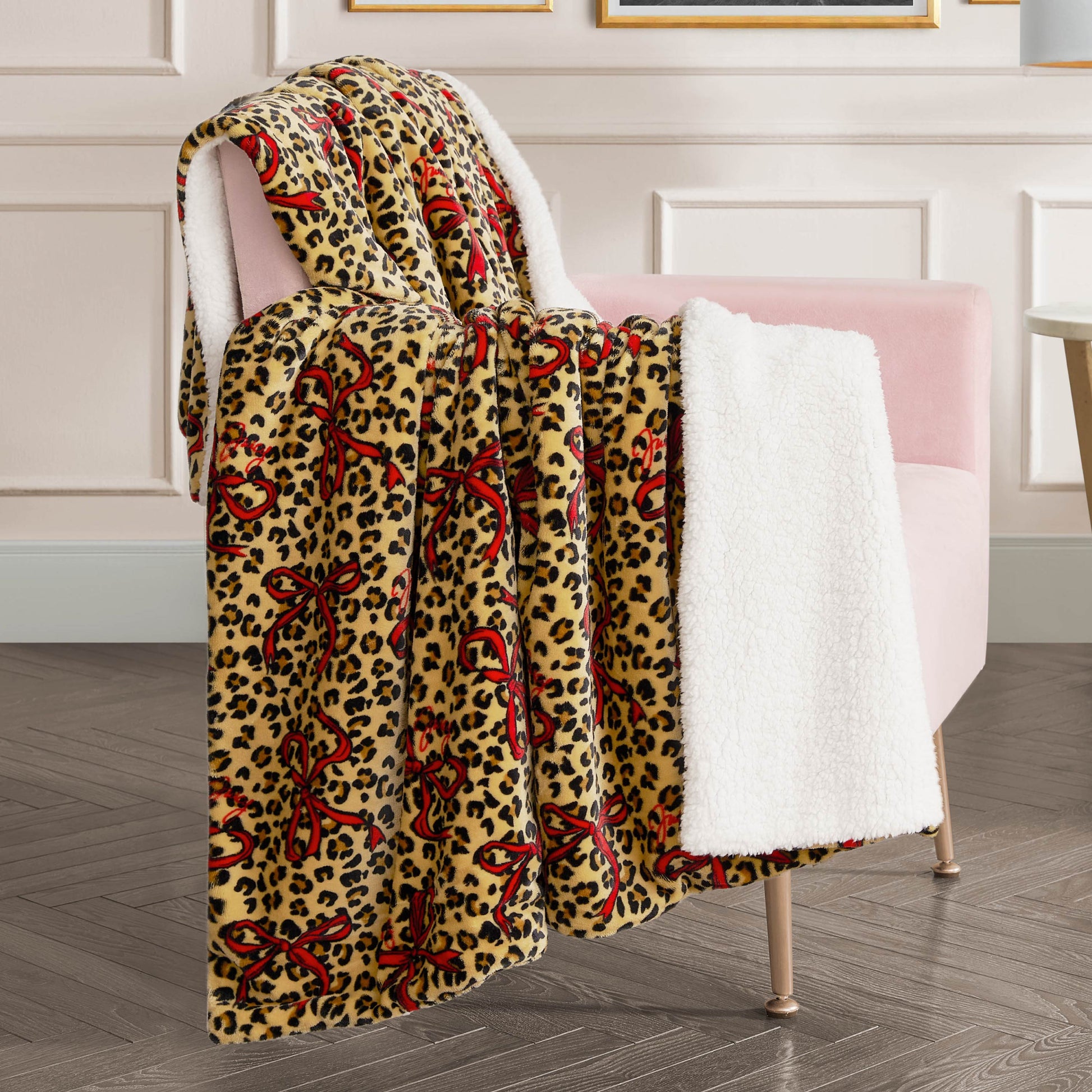Plush Reversible Sherpa Throw Blanket - Red Bows On Cheetah - Juicy Couture