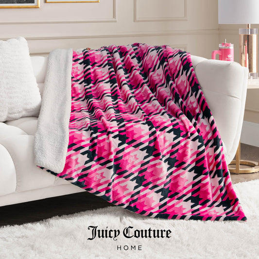 Plush Reversible Sherpa Throw Blanket - Hot Pink Tweed - Juicy Couture