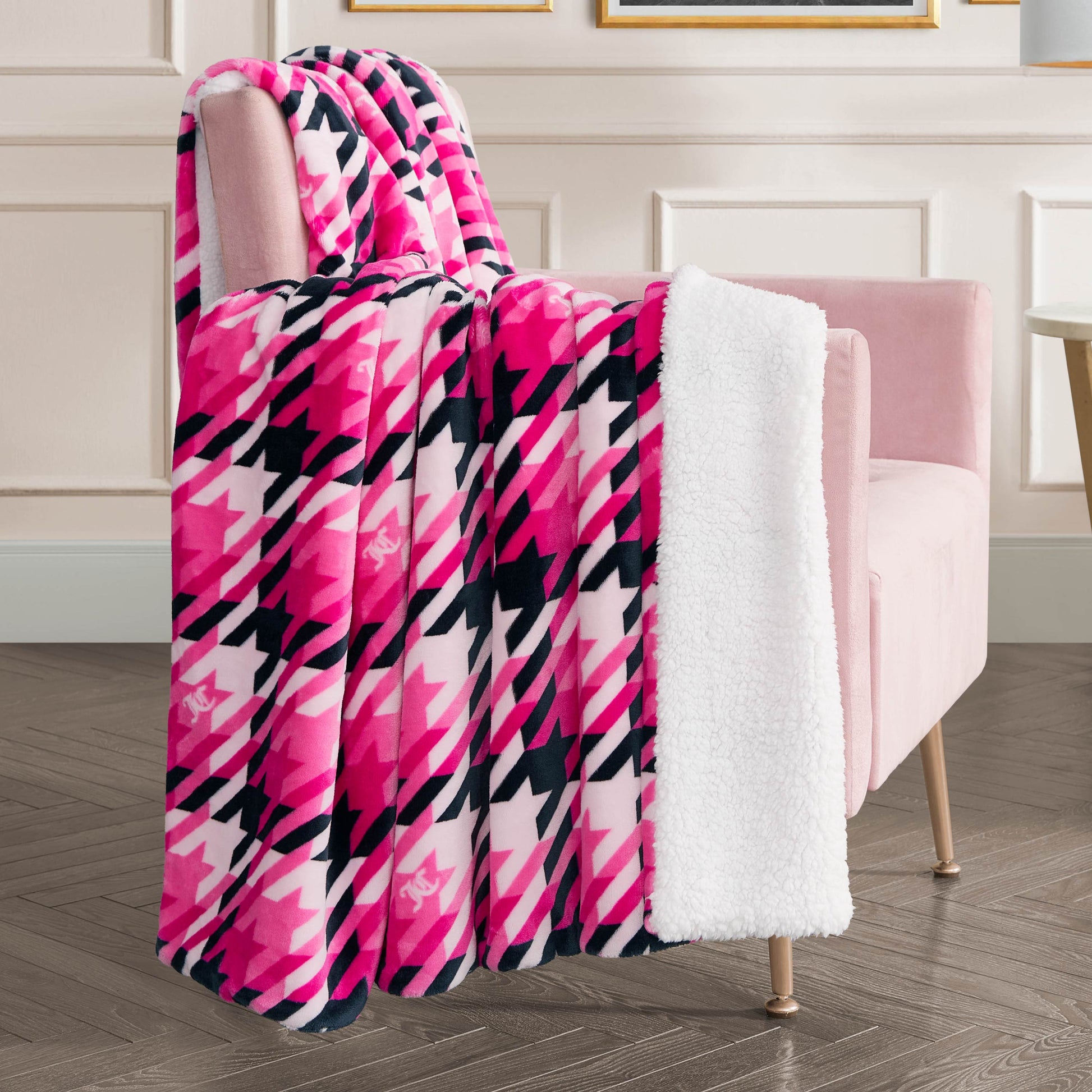 Plush Reversible Sherpa Throw Blanket - Hot Pink Tweed - Juicy Couture