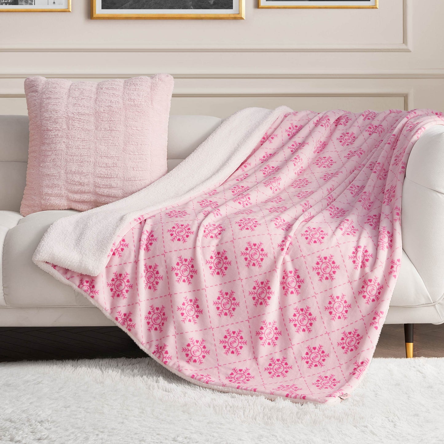 Plush Reversible Sherpa Throw Blanket - Light Pink Snowflake - Juicy Couture