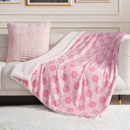 Plush Reversible Sherpa Throw Blanket - Light Pink Snowflake - Juicy Couture