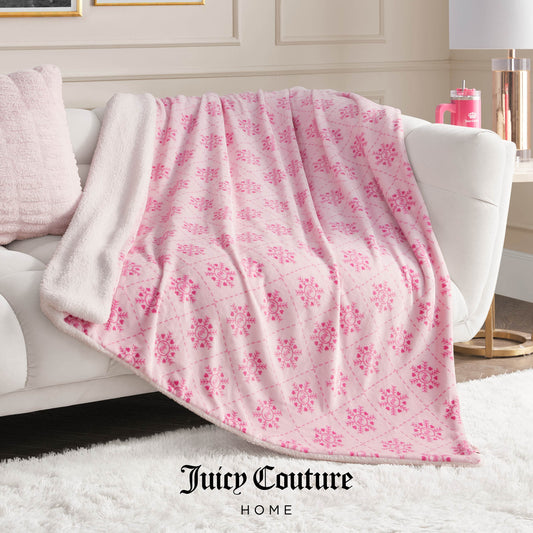 Plush Reversible Sherpa Throw Blanket - Light Pink Snowflake - Juicy Couture
