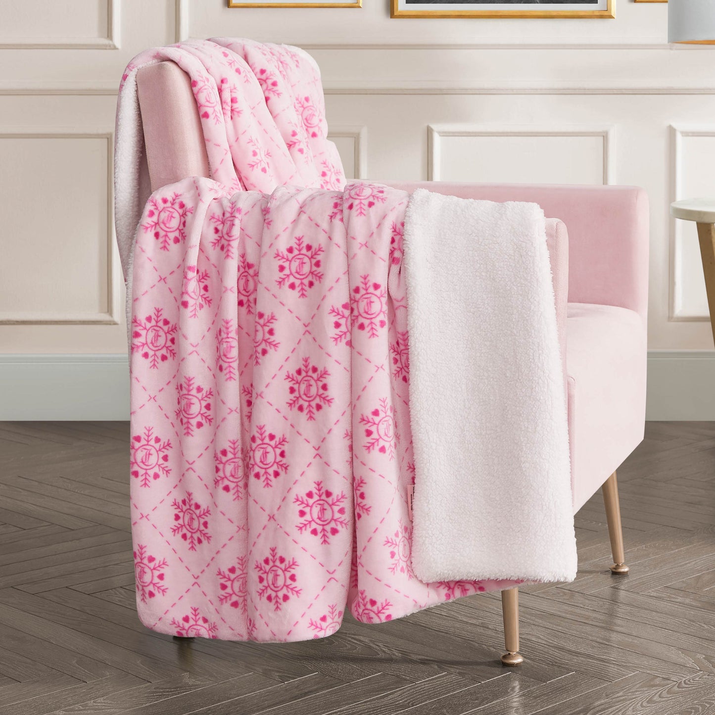 Plush Reversible Sherpa Throw Blanket - Light Pink Snowflake - Juicy Couture