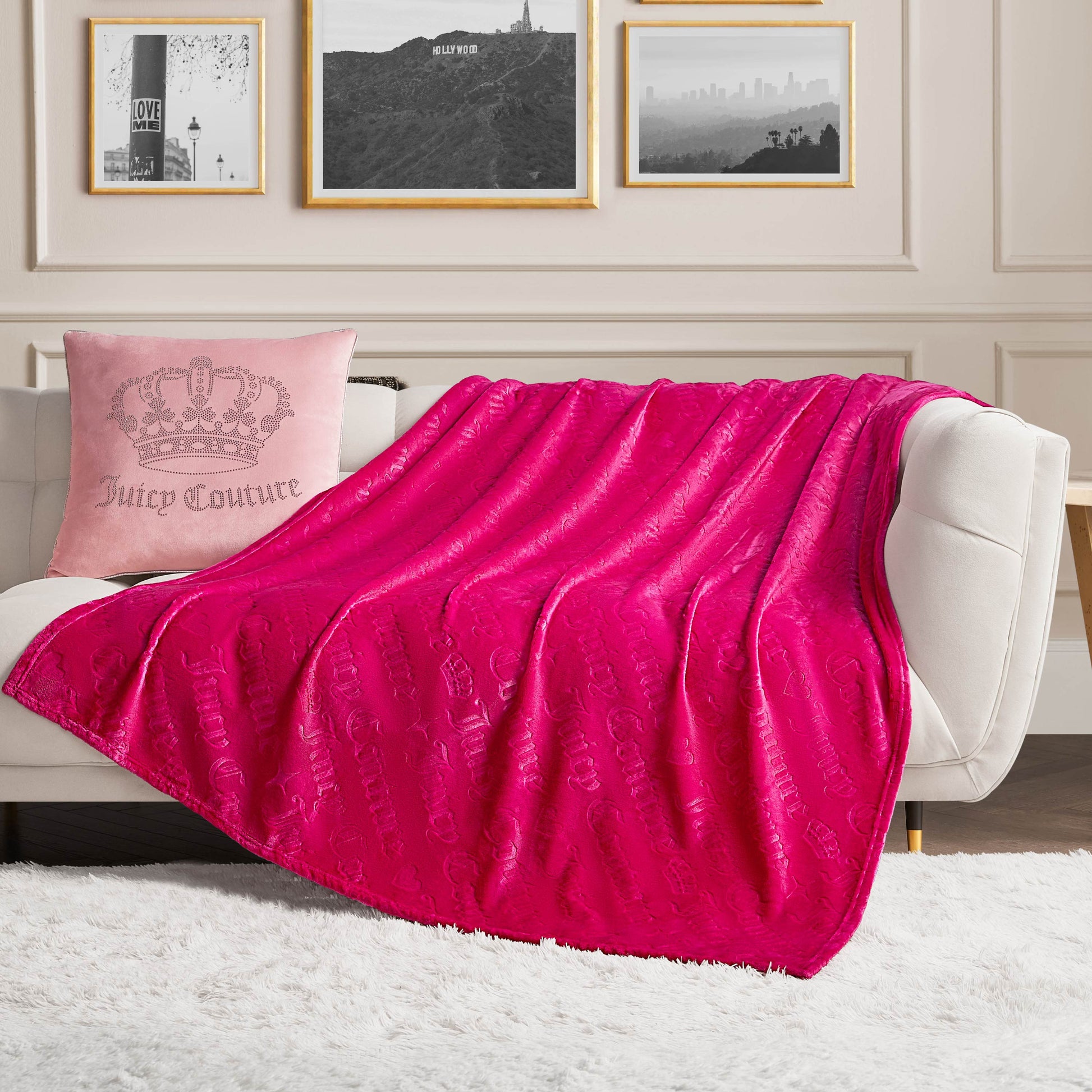 Embossed Plush Throw Blanket - Hot Pink Embossed Diagonal Logo - Juicy Couture