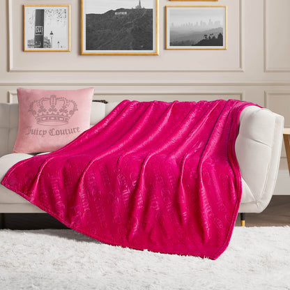 Embossed Plush Throw Blanket - Hot Pink Embossed Diagonal Logo - Juicy Couture