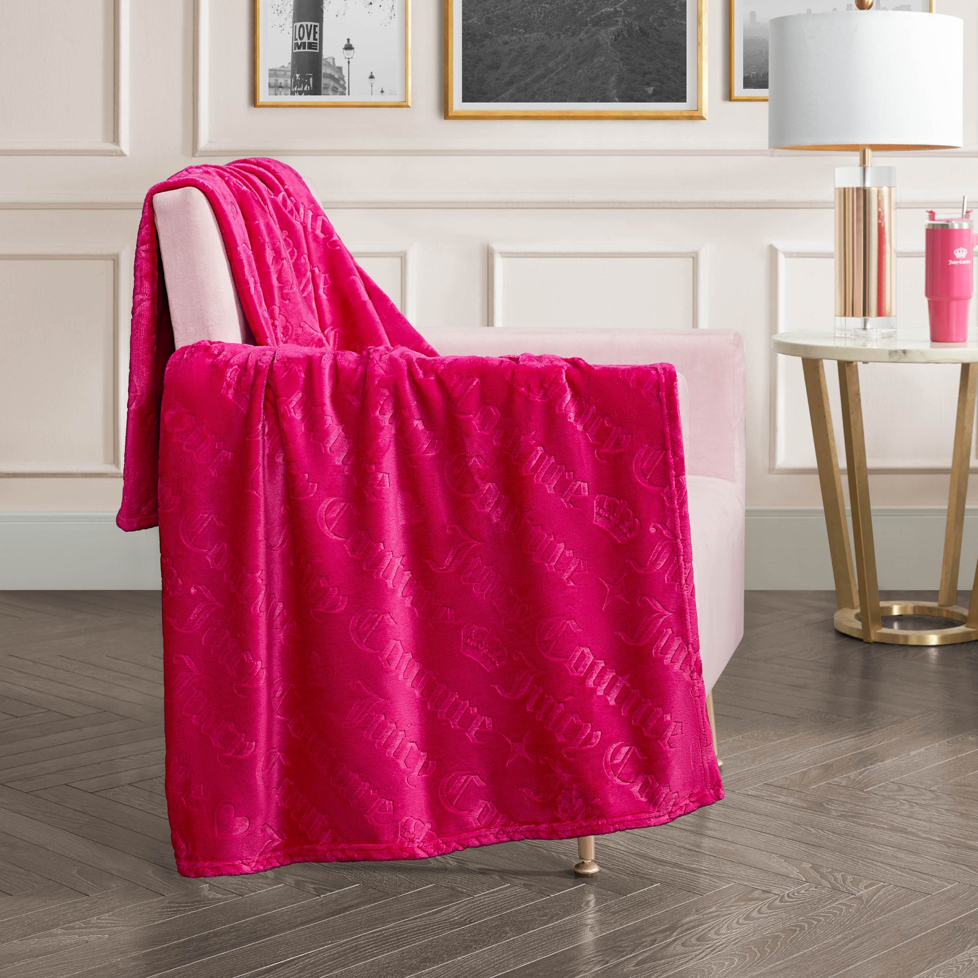 Embossed Plush Throw Blanket - Hot Pink Embossed Diagonal Logo - Juicy Couture
