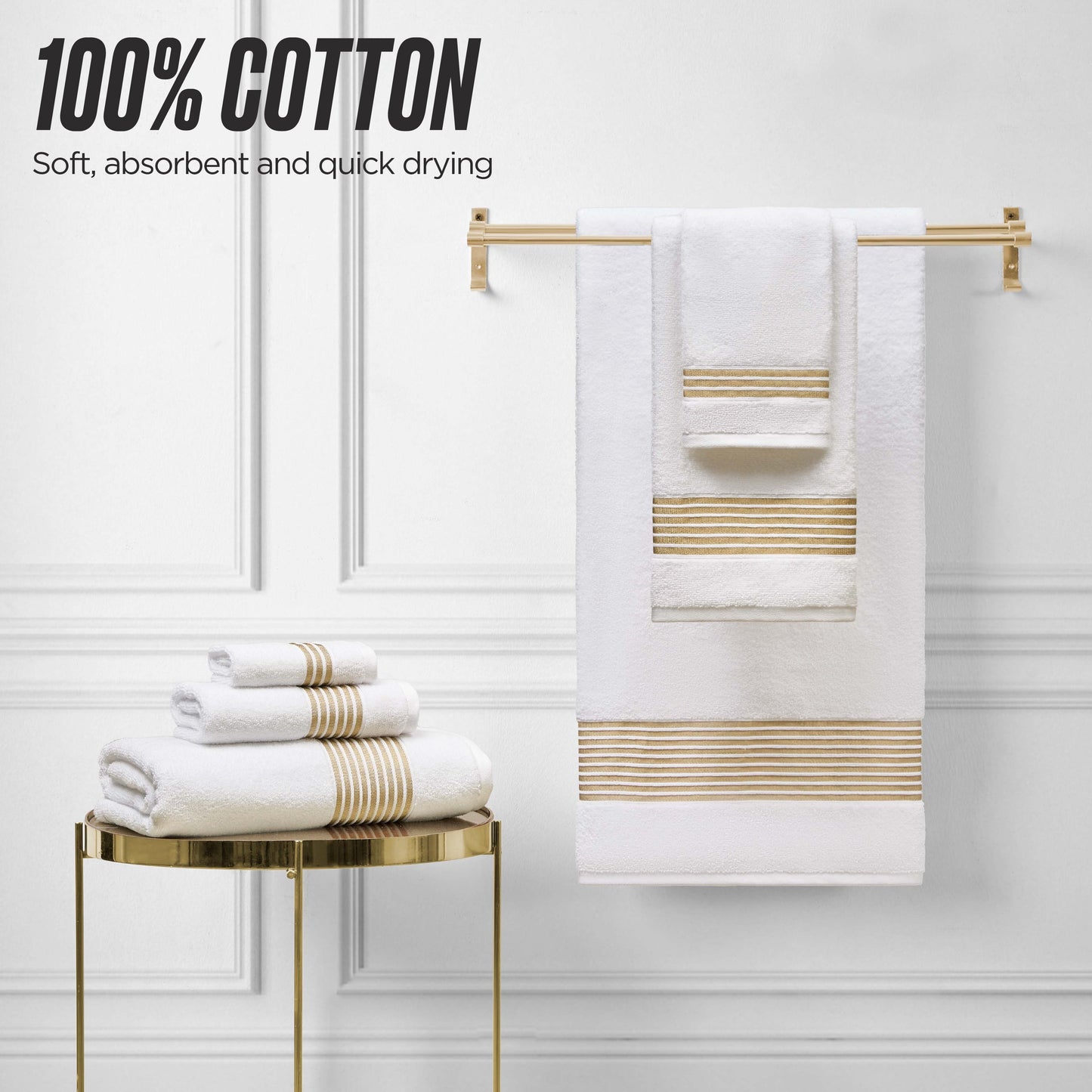 The Melissa Bath Towel Set in white with gold stripes features soft, absorbent 100% cotton zero-twist weave towels that dry quickly and add a touch of luxury and elegance to any space.