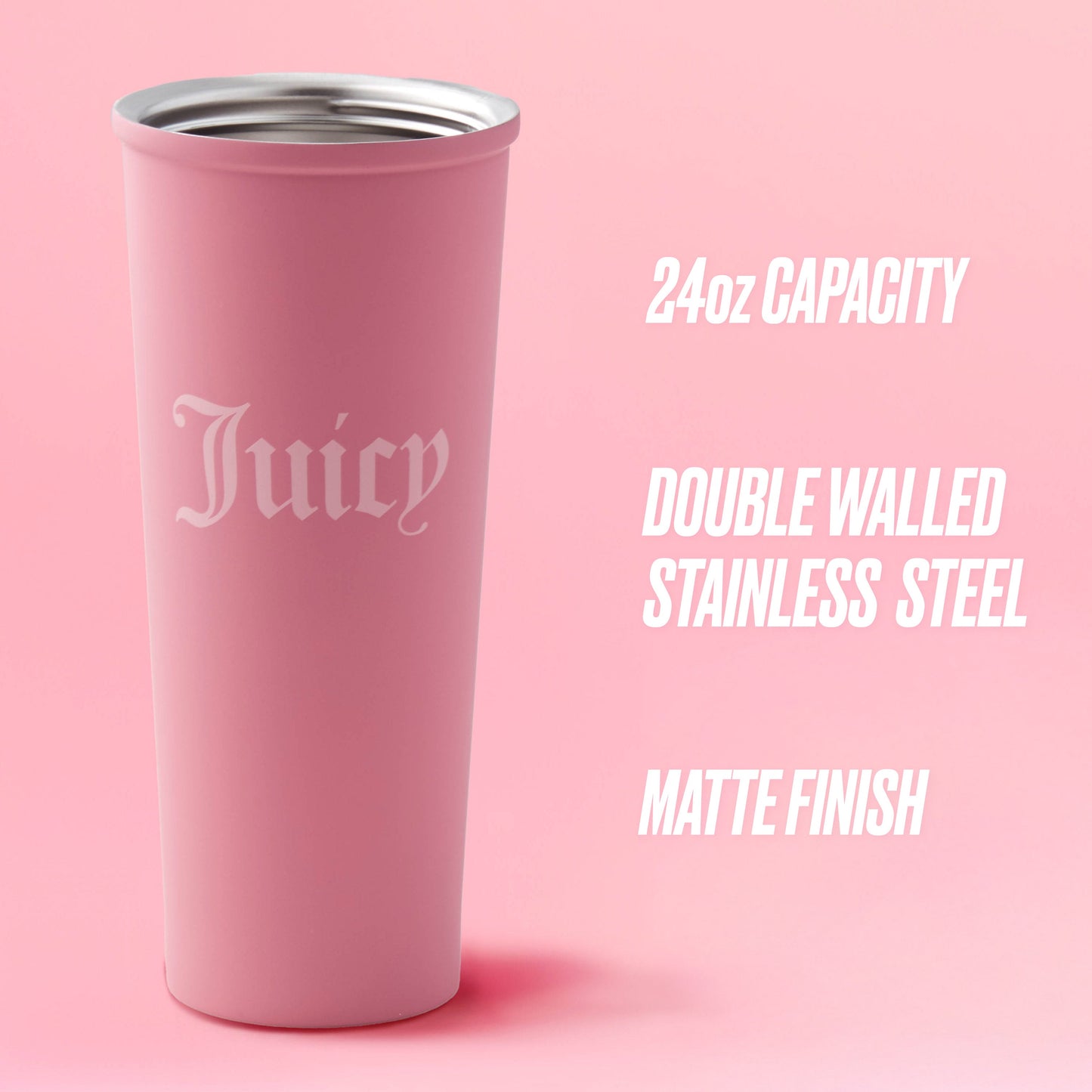 The Couture Hydration Stainless Steel Tumbler Cup 6-Piece Set features pink tumblers with "Juicy" in white gothic letters, 24oz capacity, double-walled stainless steel, and a matte finish—ideal for stylish sipping or gifting.