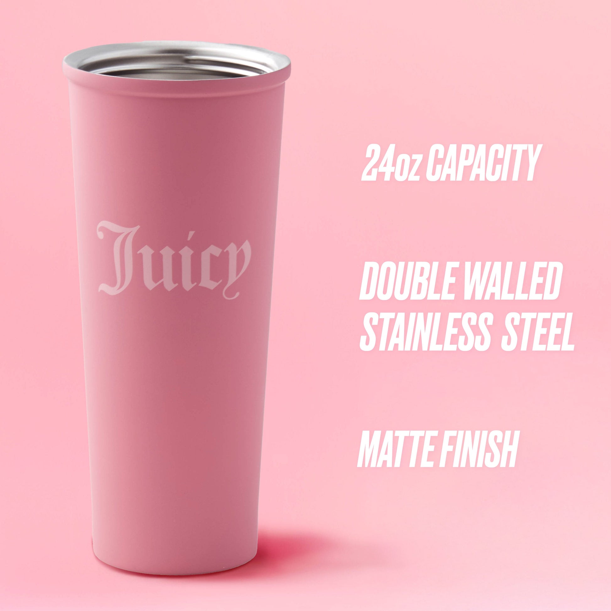 The Couture Hydration Stainless Steel Tumbler Cup 6-Piece Set features pink tumblers with "Juicy" in white gothic letters, 24oz capacity, double-walled stainless steel, and a matte finish—ideal for stylish sipping or gifting.