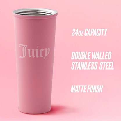 The Couture Hydration Stainless Steel Tumbler Cup 6-Piece Set features pink tumblers with "Juicy" in white gothic letters, 24oz capacity, double-walled stainless steel, and a matte finish—ideal for stylish sipping or gifting.