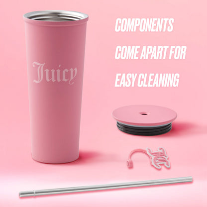 A Couture Hydration Stainless Steel Tumbler Cup 6-Piece Set in pink is shown disassembled with lid, straw, and accessory on a pink background. Text reads: Components separate for easy cleaning—ideal as a stylish tumbler gift set.